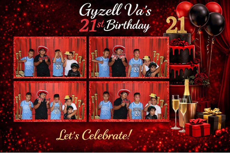 Gyzell Vas 21st Birthday photo booth collage with red balloons, champagne, and gift boxes on sparkly background