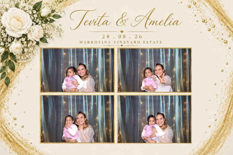Wedding photo booth strip showing four frames of a couple with child, decorated with gold accents and white flowers, labeled Tania & Amelia, August 26 at Markovina Vineyard Estate