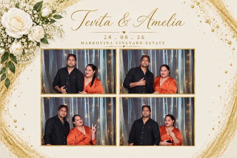 Wedding photo booth display for Tania and Amelias 28.08.26 celebration at Markovisa Vineyard Estate, featuring four couple photos in gold frames