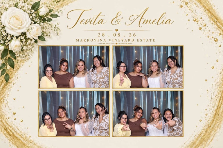 Wedding photo booth strip showing Tania and Amelia with their wedding party at Markovina Vineyard Estate on 28.08.26