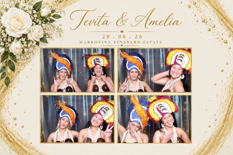 Wedding photo booth collage for Tania and Amelias wedding on 28.08.26 at Markovisa Vineyard Estate, featuring eight photos of guests in prop hats