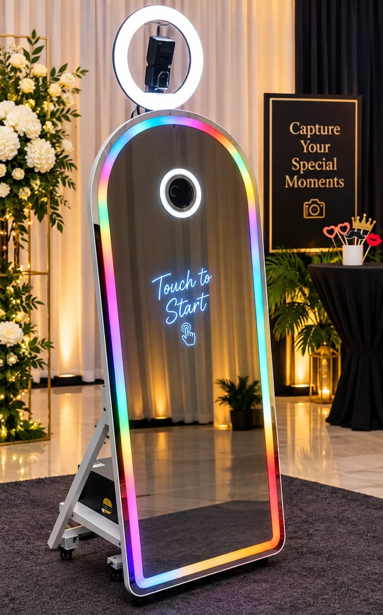 Interactive photo booth with colorful RGB border, ring light camera on top, and neon Touch to Start text display