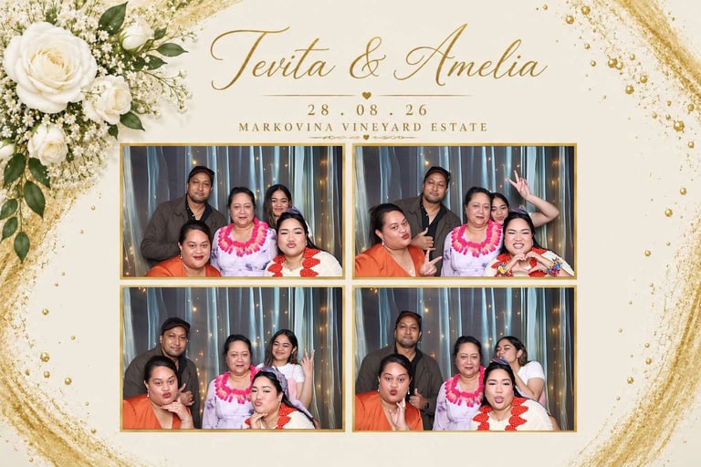 Wedding photo booth strip for Tania and Amelia dated 28.08.26 at Markovina Vineyard Estate, showing four frames of family photos on gold glitter background