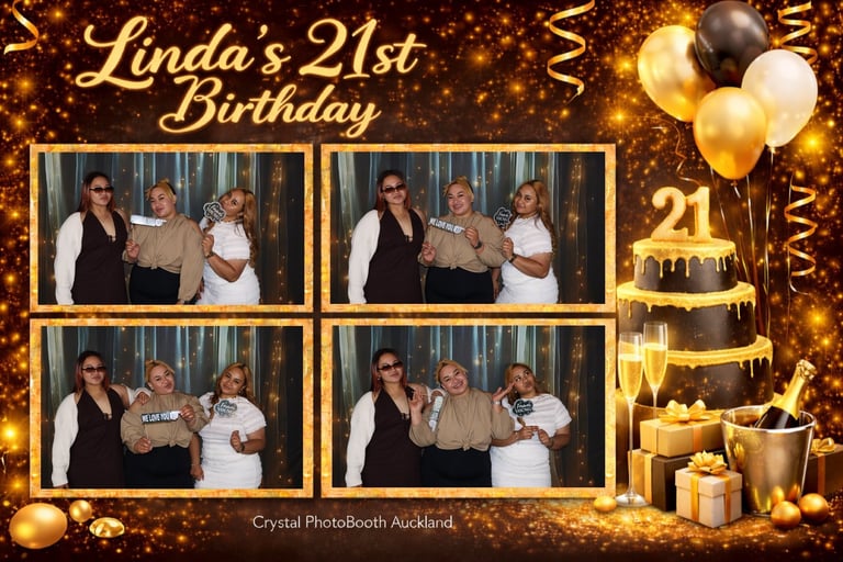 Photo booth collage showing four photos of people celebrating Lindas 21st birthday with gold balloons, cake, and decorative elements on a sparkly background