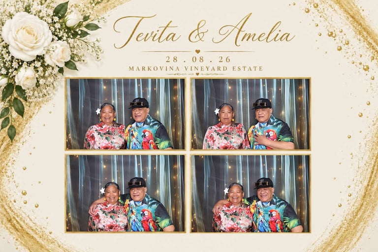 Photo booth strip showing two people in colorful clothing at Tewla and Amelias wedding on 28.08.26 at Barossa Vineyard Estate