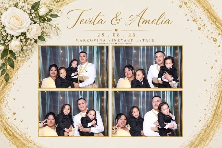 Wedding photo booth grid showing four photos of a couple with family members at Marrovina Vineyard Estate on 28.08.26, with gold accents and white flowers