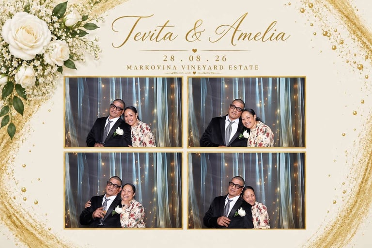 Wedding photo booth strip for Tania and Amelia at Markovisa Vineyard Estate, showing four frames of the couple smiling together
