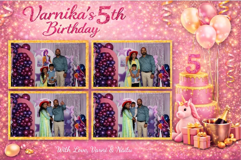 Man and woman posing for Varnikas 5th Birthday celebration photo with pink glitter background and purple balloon decorations