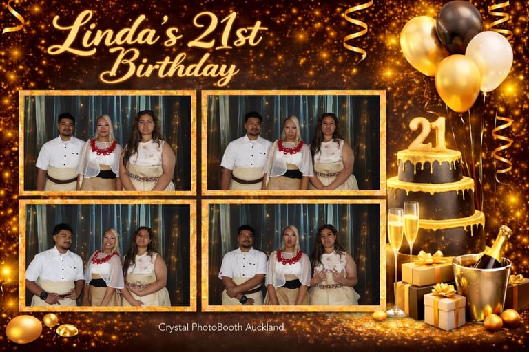 Lindas 21st Birthday photobooth collage with four frames of guests, gold balloons, cake, gifts, and sparkly gold background