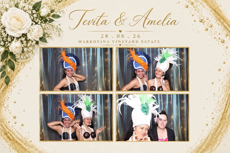 Wedding photo booth collage for Tania and Amelia dated 28.08.26 at Markoosa Vineyard Estate featuring guests wearing festive hats