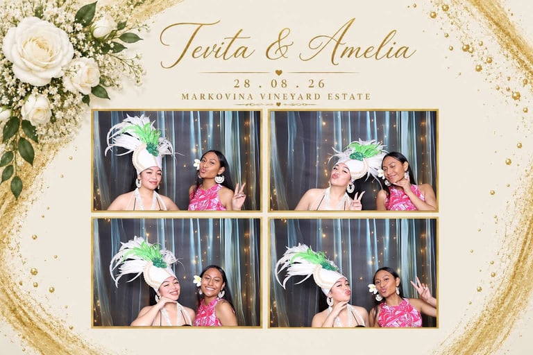 Wedding photo booth collage for Tania and Amelia with four shots of guests wearing decorative hats and accessories at Markovina Vineyard Estate