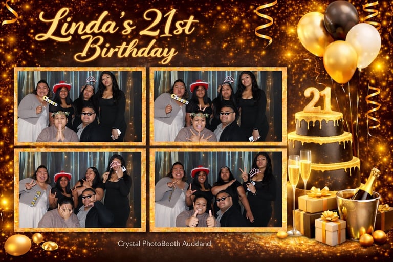 Photo booth collage for Lindas 21st birthday celebration featuring four images of guests in party attire with gold balloon and tiered cake decorations